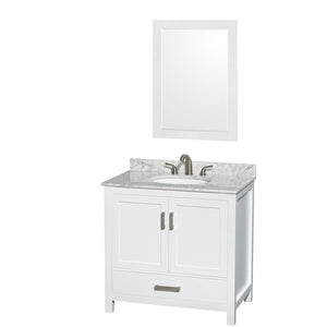 Sheffield 36 Inch Single Bathroom Vanity in White White Carrara Marble Countertop Undermount Oval Sink and 24 Inch Mirror
