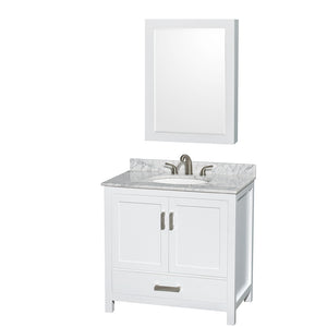 Sheffield 36 Inch Single Bathroom Vanity in White White Carrara Marble Countertop Undermount Oval Sink and Medicine Cabinet