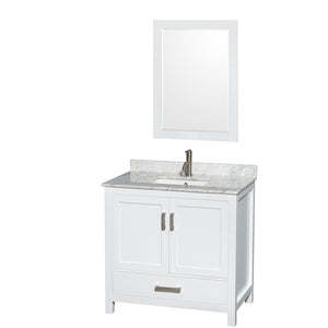 Sheffield 36 Inch Single Bathroom Vanity in White White Carrara Marble Countertop Undermount Square Sink and 24 Inch Mirror