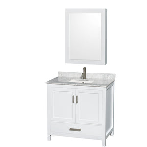 Sheffield 36 Inch Single Bathroom Vanity in White White Carrara Marble Countertop Undermount Square Sink and Medicine Cabinet