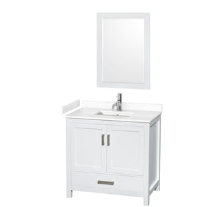 Sheffield 36 Inch Single Bathroom Vanity in White White Cultured Marble Countertop Undermount Square Sink 24 Inch Mirror