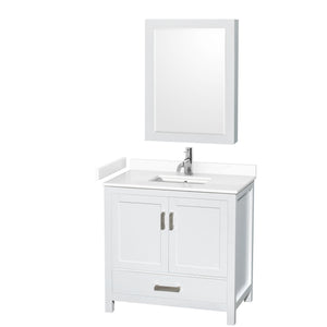 Sheffield 36 Inch Single Bathroom Vanity in White White Cultured Marble Countertop Undermount Square Sink Medicine Cabinet