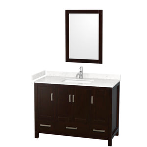 Sheffield 48 Inch Single Bathroom Vanity in Espresso Carrara Cultured Marble Countertop Undermount Square Sink 24 Inch Mirror