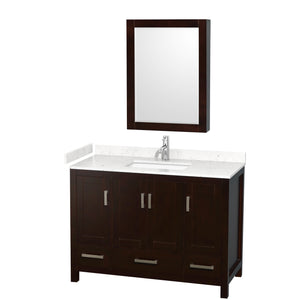 Sheffield 48 Inch Single Bathroom Vanity in Espresso Carrara Cultured Marble Countertop Undermount Square Sink Medicine Cabinet