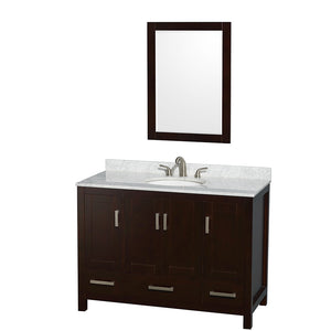 Sheffield 48 Inch Single Bathroom Vanity in Espresso White Carrara Marble Countertop Undermount Oval Sink and 24 Inch Mirror