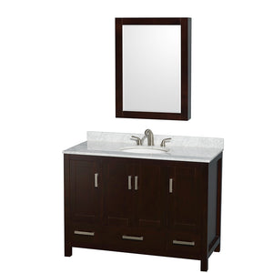Sheffield 48 Inch Single Bathroom Vanity in Espresso White Carrara Marble Countertop Undermount Oval Sink and Medicine Cabinet