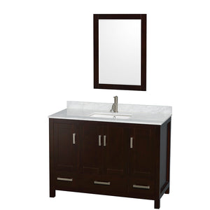 Sheffield 48 Inch Single Bathroom Vanity in Espresso White Carrara Marble Countertop Undermount Square Sink and 24 Inch Mirror