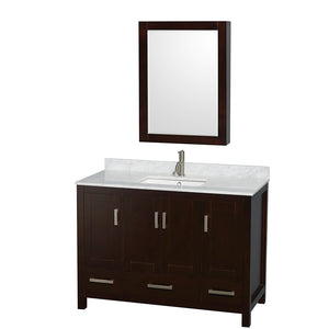 Sheffield 48 Inch Single Bathroom Vanity in Espresso White Carrara Marble Countertop Undermount Square Sink and Medicine Cabinet