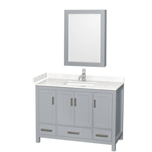 Sheffield 48 Inch Single Bathroom Vanity in Gray Carrara Cultured Marble Countertop Undermount Square Sink Medicine Cabinet