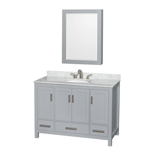 Sheffield 48 Inch Single Bathroom Vanity in Gray White Carrara Marble Countertop Undermount Oval Sink and Medicine Cabinet