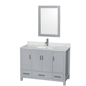 Sheffield 48 Inch Single Bathroom Vanity in Gray White Carrara Marble Countertop Undermount Square Sink and 24 Inch Mirror