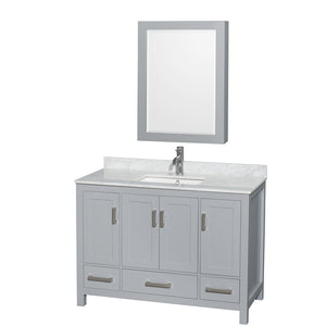 Sheffield 48 Inch Single Bathroom Vanity in Gray White Carrara Marble Countertop Undermount Square Sink and Medicine Cabinet