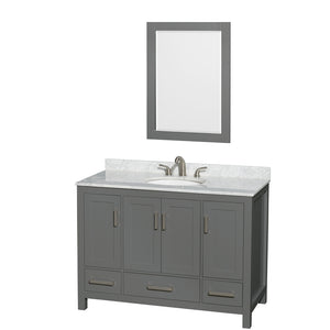 Sheffield 48 Inch Single Bathroom Vanity in Dark Gray White Carrara Marble Countertop Undermount Oval Sink and 24 Inch Mirror