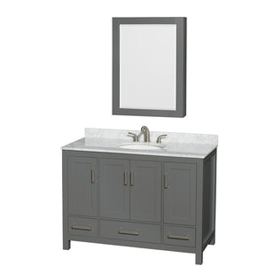 Sheffield 48 Inch Single Bathroom Vanity in Dark Gray White Carrara Marble Countertop Undermount Oval Sink and Medicine Cabinet