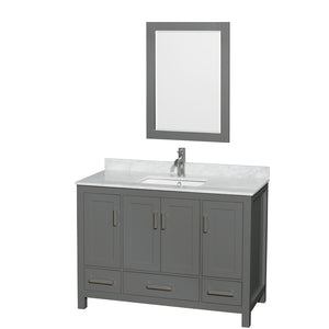Sheffield 48 Inch Single Bathroom Vanity in Dark Gray White Carrara Marble Countertop Undermount Square Sink and 24 Inch Mirror