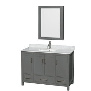 Sheffield 48 Inch Single Bathroom Vanity in Dark Gray White Carrara Marble Countertop Undermount Square Sink and Medicine Cabinet