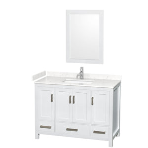 Sheffield 48 Inch Single Bathroom Vanity in White Carrara Cultured Marble Countertop Undermount Square Sink 24 Inch Mirror