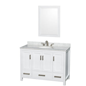 Sheffield 48 Inch Single Bathroom Vanity in White White Carrara Marble Countertop Undermount Oval Sink and 24 Inch Mirror