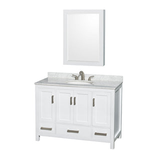 Sheffield 48 Inch Single Bathroom Vanity in White White Carrara Marble Countertop Undermount Oval Sink and Medicine Cabinet