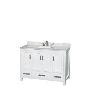 Sheffield 48 Inch Single Bathroom Vanity in White White Carrara Marble Countertop Undermount Oval Sink and No Mirror