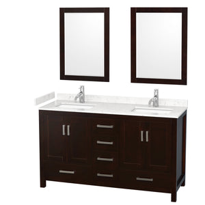 Sheffield 60 Inch Double Bathroom Vanity in Espresso Carrara Cultured Marble Countertop Undermount Square Sinks 24 Inch Mirrors