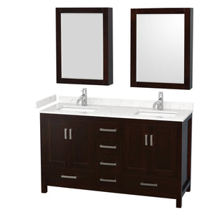 Sheffield 60 Inch Double Bathroom Vanity in Espresso Carrara Cultured Marble Countertop Undermount Square Sinks Medicine Cabinets