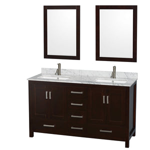 Sheffield 60 Inch Double Bathroom Vanity in Espresso White Carrara Marble Countertop Undermount Square Sinks and 24 Inch Mirrors