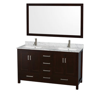 Sheffield 60 Inch Double Bathroom Vanity in Espresso White Carrara Marble Countertop Undermount Square Sinks and 58 Inch Mirror