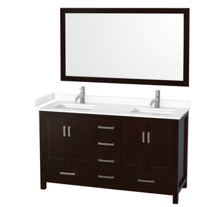Sheffield 60 Inch Double Bathroom Vanity in Espresso White Cultured Marble Countertop Undermount Square Sinks 58 Inch Mirror