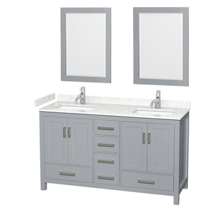 Sheffield 60 Inch Double Bathroom Vanity in Gray Carrara Cultured Marble Countertop Undermount Square Sinks 24 Inch Mirrors