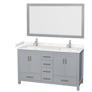 Sheffield 60 Inch Double Bathroom Vanity in Gray Carrara Cultured Marble Countertop Undermount Square Sinks 58 Inch Mirror