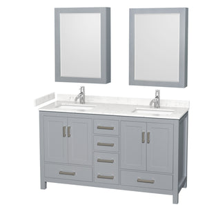 Sheffield 60 Inch Double Bathroom Vanity in Gray Carrara Cultured Marble Countertop Undermount Square Sinks Medicine Cabinets