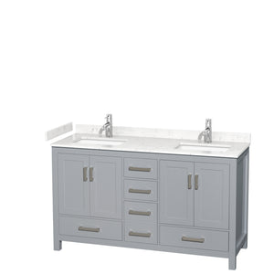 Sheffield 60 Inch Double Bathroom Vanity in Gray Carrara Cultured Marble Countertop Undermount Square Sinks No Mirror