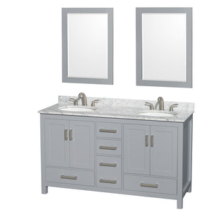 Sheffield 60 Inch Double Bathroom Vanity in Gray White Carrara Marble Countertop Undermount Oval Sinks and 24 Inch Mirrors