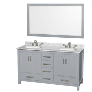 Sheffield 60 Inch Double Bathroom Vanity in Gray White Carrara Marble Countertop Undermount Oval Sinks and 58 Inch Mirror