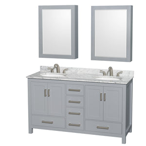 Sheffield 60 Inch Double Bathroom Vanity in Gray White Carrara Marble Countertop Undermount Oval Sinks and Medicine Cabinets