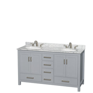 Sheffield 60 Inch Double Bathroom Vanity in Gray White Carrara Marble Countertop Undermount Oval Sinks and No Mirror