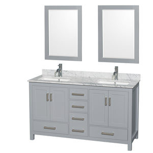 Sheffield 60 Inch Double Bathroom Vanity in Gray White Carrara Marble Countertop Undermount Square Sinks and 24 Inch Mirrors