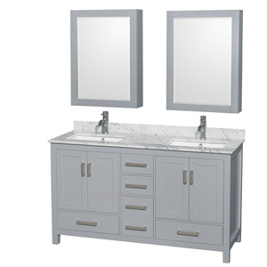 Sheffield 60 Inch Double Bathroom Vanity in Gray White Carrara Marble Countertop Undermount Square Sinks and Medicine Cabinets