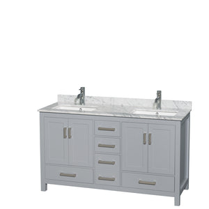 Sheffield 60 Inch Double Bathroom Vanity in Gray White Carrara Marble Countertop Undermount Square Sinks and No Mirror