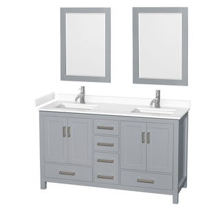Sheffield 60 Inch Double Bathroom Vanity in Gray White Cultured Marble Countertop Undermount Square Sinks 24 Inch Mirrors