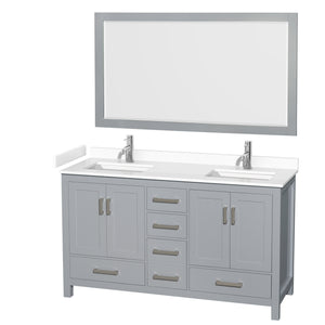 Sheffield 60 Inch Double Bathroom Vanity in Gray White Cultured Marble Countertop Undermount Square Sinks 58 Inch Mirror