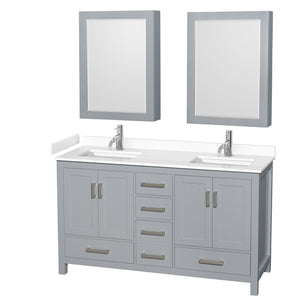Sheffield 60 Inch Double Bathroom Vanity in Gray White Cultured Marble Countertop Undermount Square Sinks Medicine Cabinets