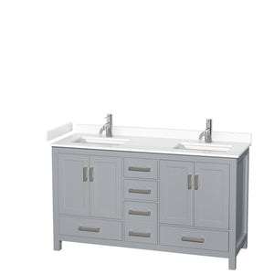 Sheffield 60 Inch Double Bathroom Vanity in Gray White Cultured Marble Countertop Undermount Square Sinks No Mirror