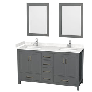 Sheffield 60 Inch Double Bathroom Vanity in Dark Gray Carrara Cultured Marble Countertop Undermount Square Sinks 24 Inch Mirrors