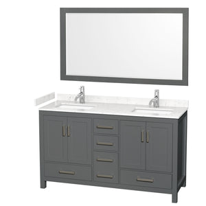 Sheffield 60 Inch Double Bathroom Vanity in Dark Gray Carrara Cultured Marble Countertop Undermount Square Sinks 58 Inch Mirror