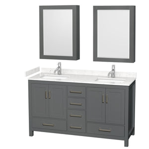 Sheffield 60 Inch Double Bathroom Vanity in Dark Gray Carrara Cultured Marble Countertop Undermount Square Sinks Medicine Cabinets