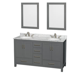 Sheffield 60 Inch Double Bathroom Vanity in Dark Gray White Carrara Marble Countertop Undermount Oval Sinks and 24 Inch Mirrors