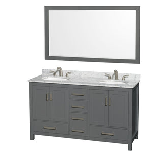 Sheffield 60 Inch Double Bathroom Vanity in Dark Gray White Carrara Marble Countertop Undermount Oval Sinks and 58 Inch Mirror