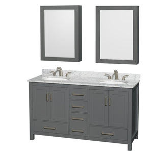 Sheffield 60 Inch Double Bathroom Vanity in Dark Gray White Carrara Marble Countertop Undermount Oval Sinks and Medicine Cabinets